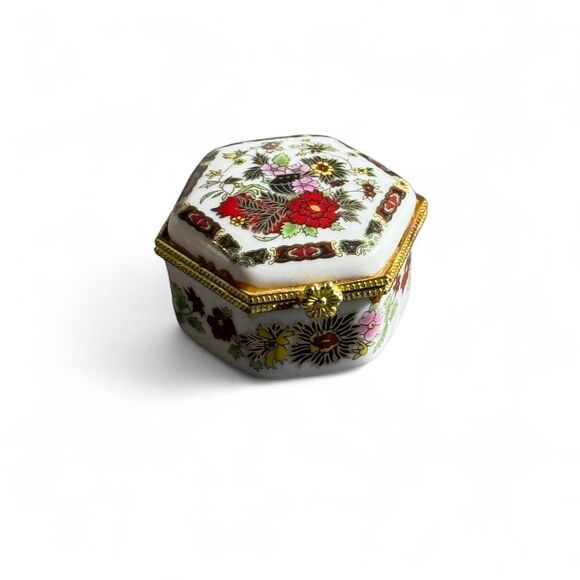 Vintage Floral Porcelain Trinket Box Gold Tone Hexagon Mini Jewelry Box - Picture 3 of 7